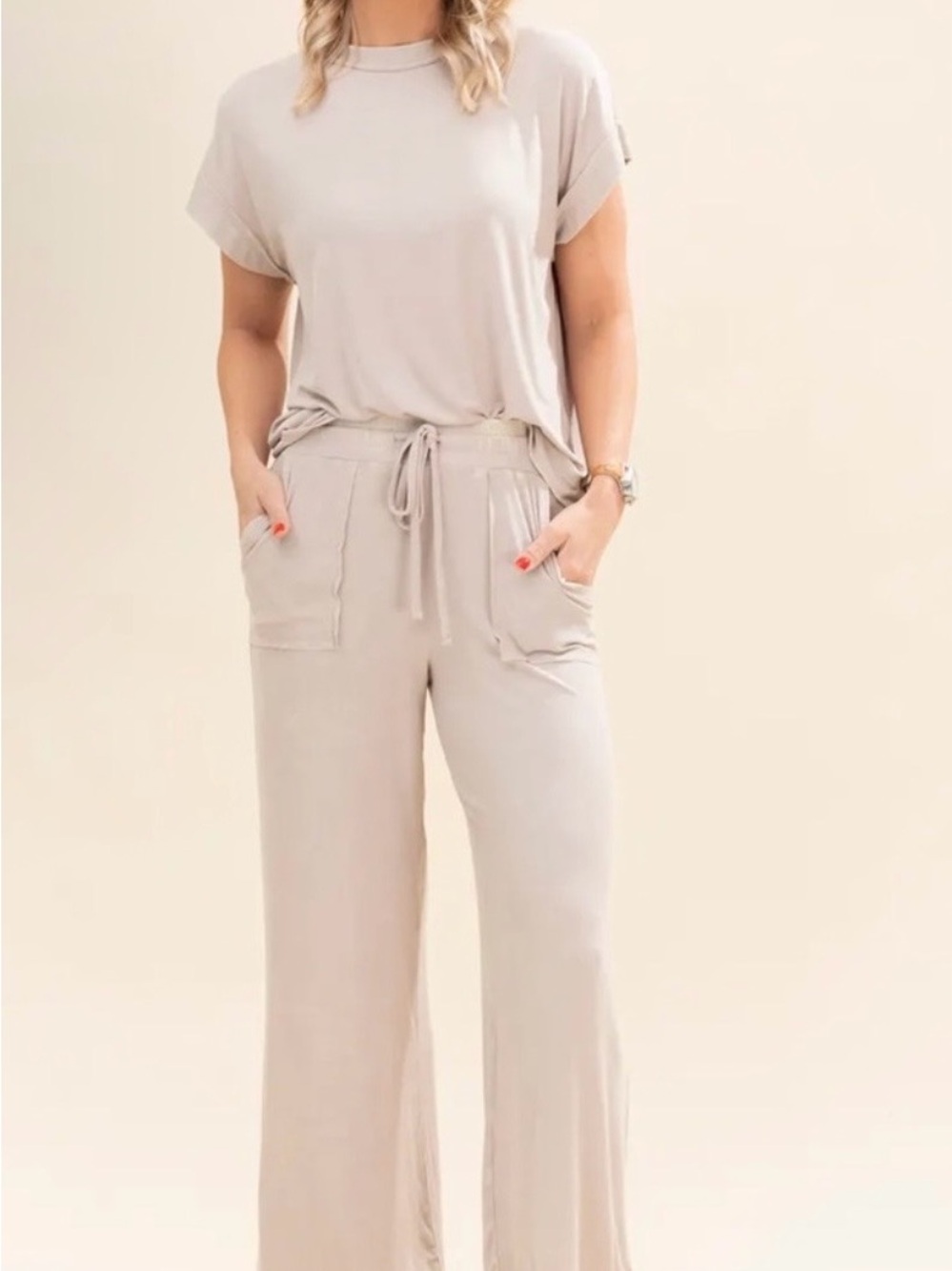 Zenana Outfitters Relaxed Wide-Leg Drawstring Pant Set in Light Creamy Beige